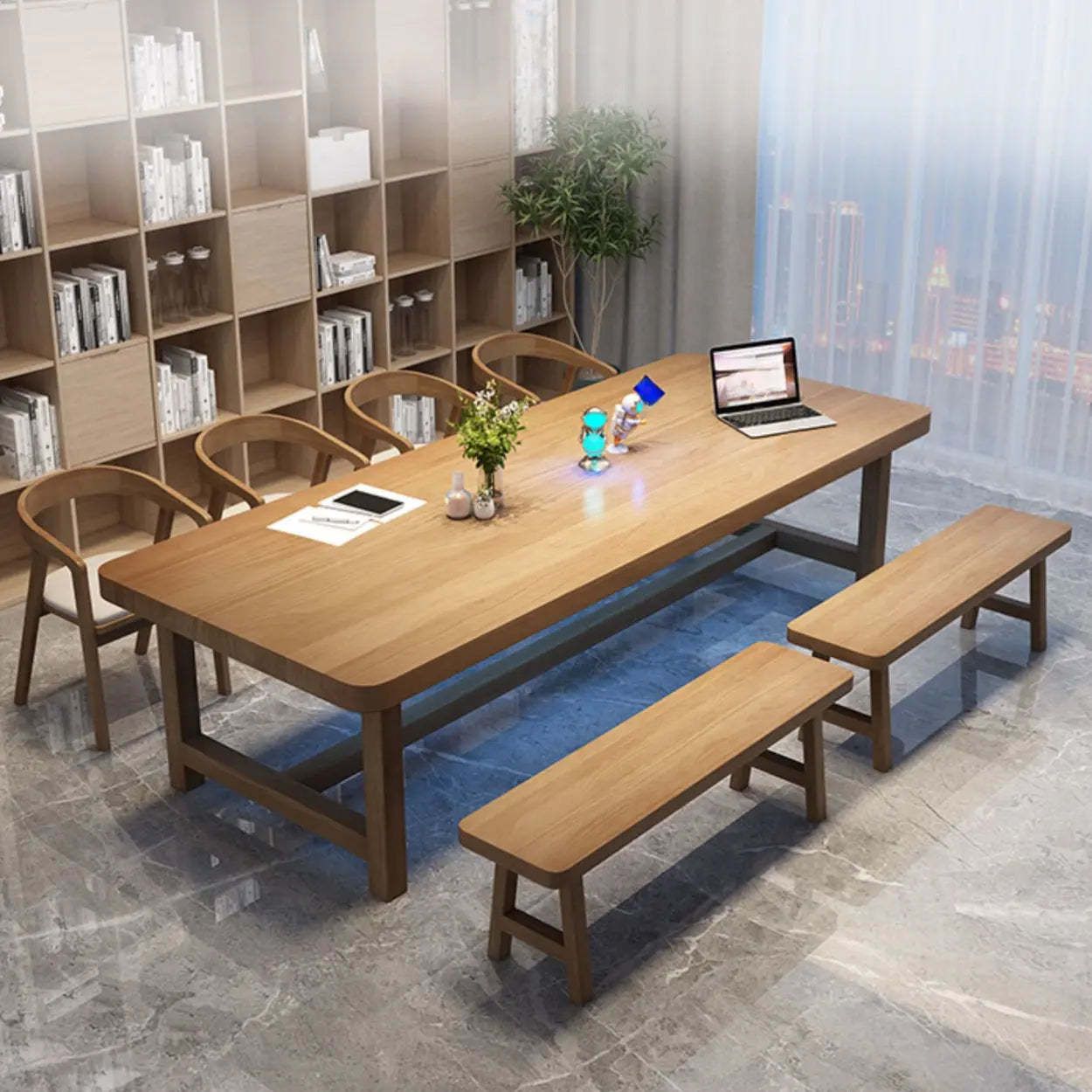 Brown Pine Trestle Study Desk for Eight — Table Only
