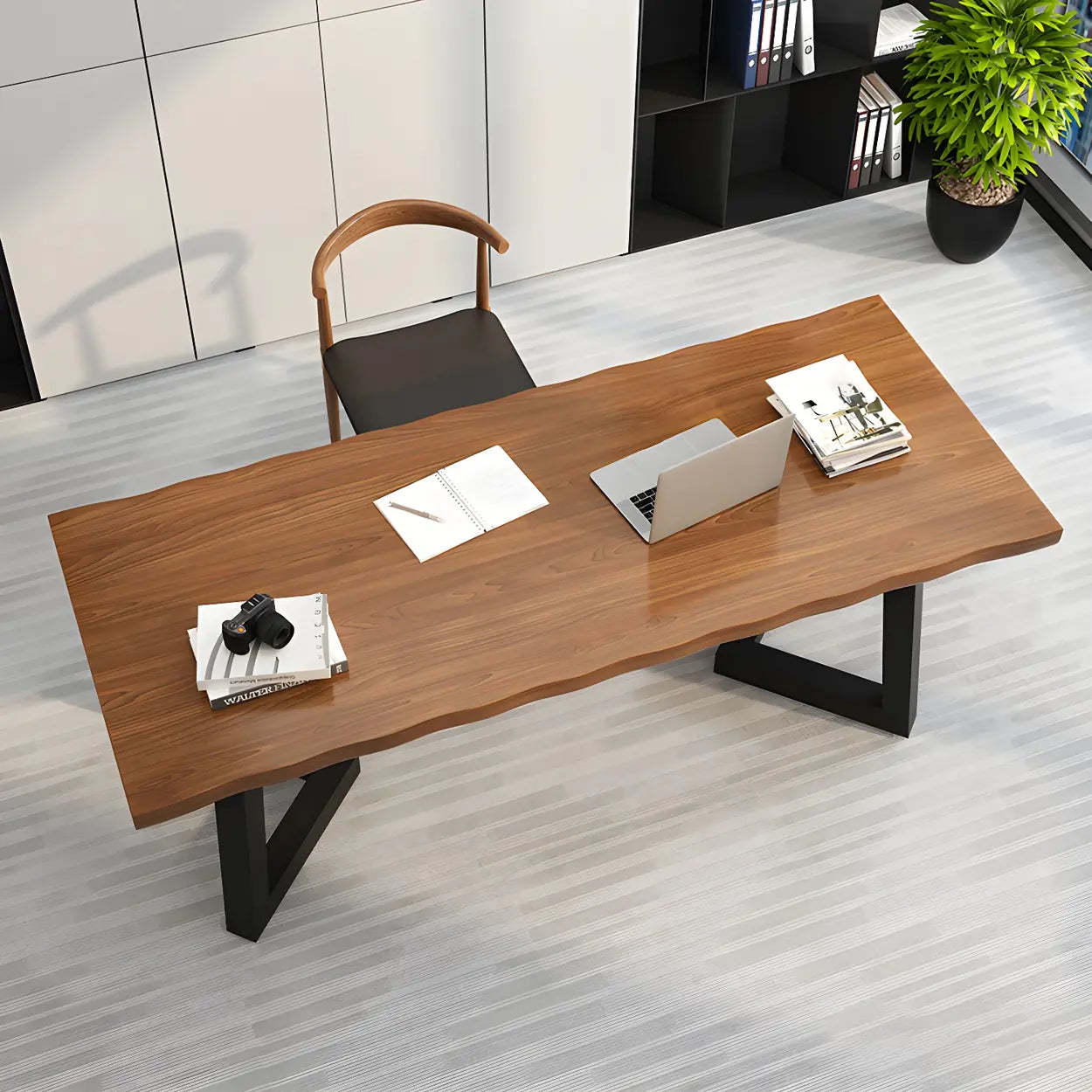 Brown Pine Wood Rectangular Iron-Sled Writing Desk