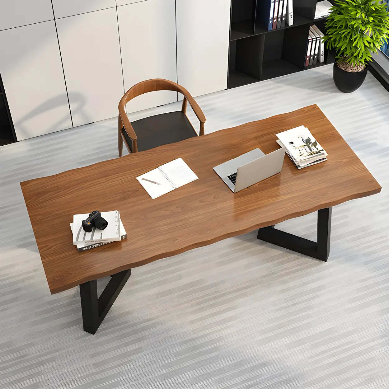 Brown Pine Wood Rectangular Iron-Sled Writing Desk