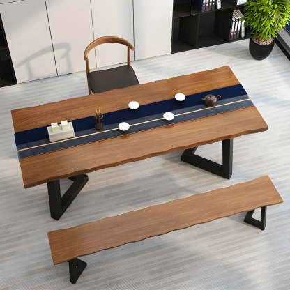 Brown Pine Wood Rectangular Iron-Sled Writing Desk