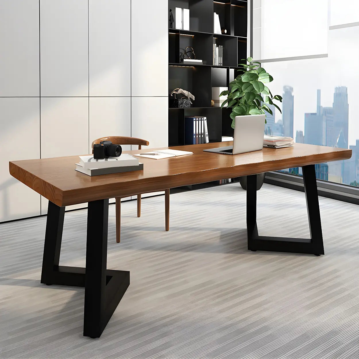 Brown Pine Wood Rectangular Iron-Sled Writing Desk — Table Only