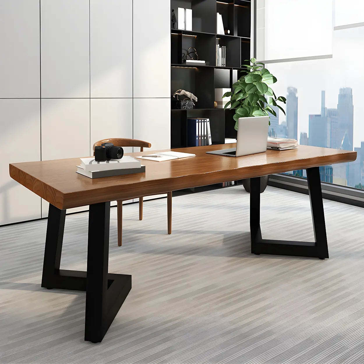 Brown Pine Wood Rectangular Iron-Sled Writing Desk — Table Only