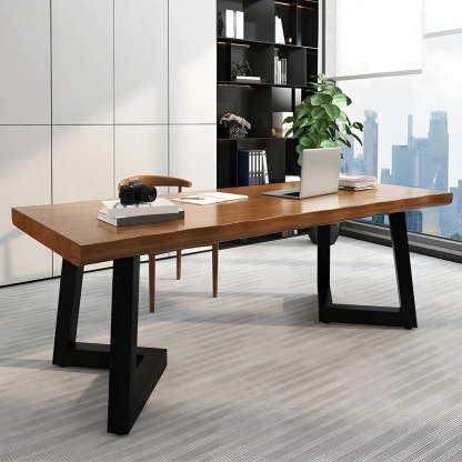 Brown Pine Wood Rectangular Iron-Sled Writing Desk — Table Only