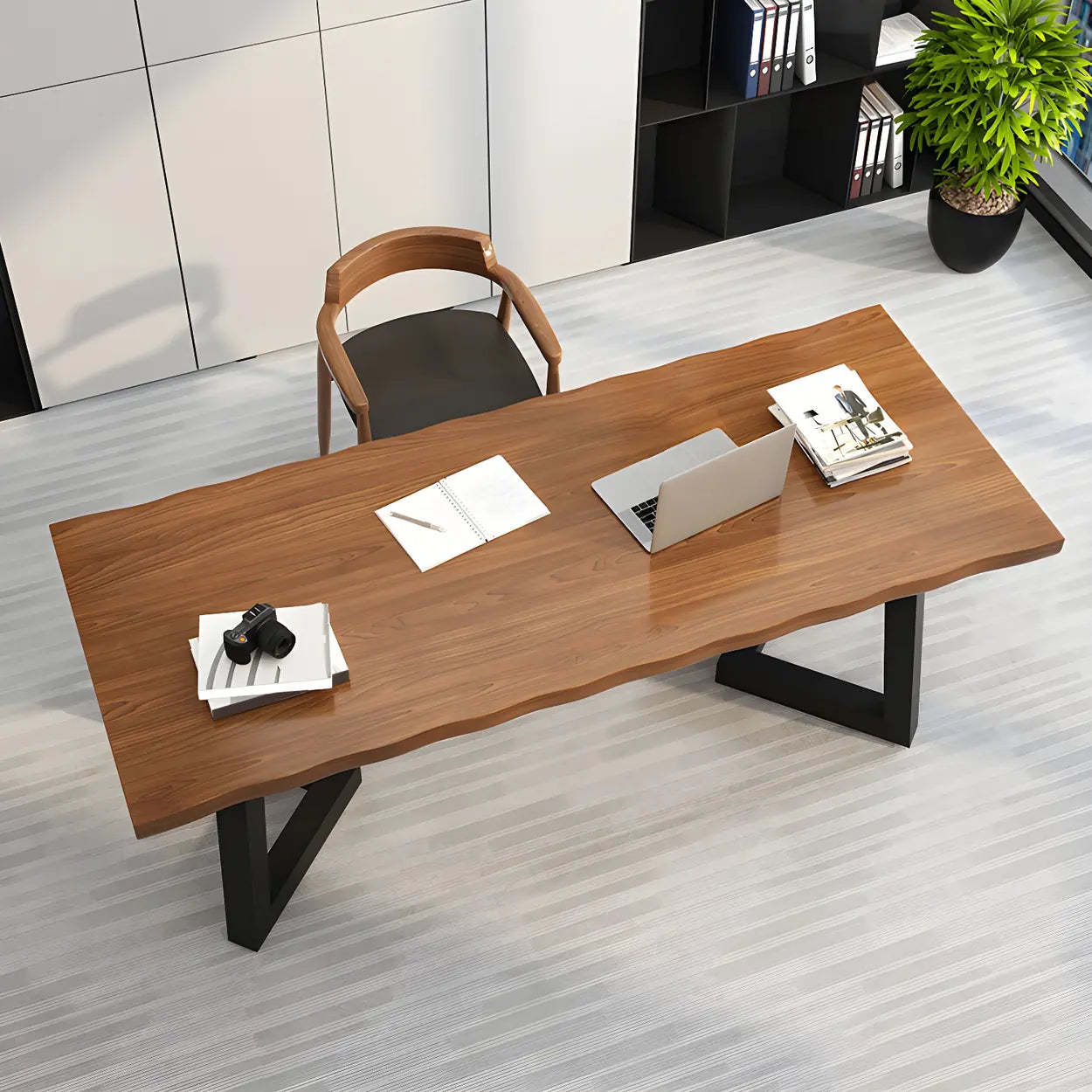 Brown Pine Wood Rectangular Iron-Sled Writing Desk — Table Only