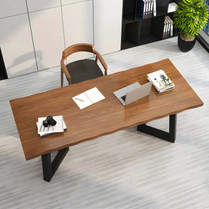 Brown Pine Wood Rectangular Iron-Sled Writing Desk — Table Only