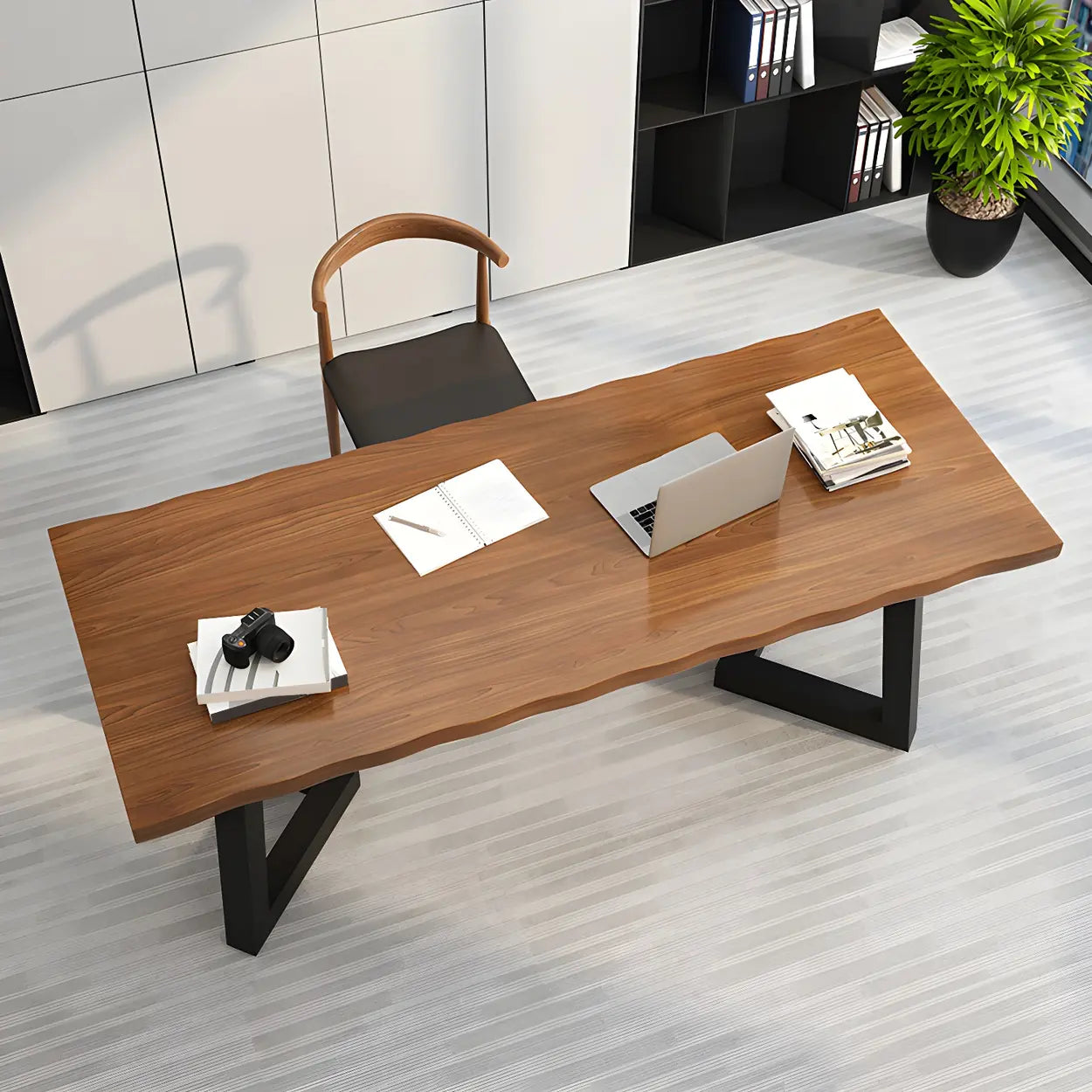 Brown Pine Wood Rectangular Iron-Sled Writing Desk — Table Only
