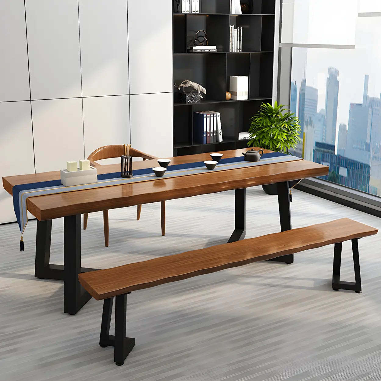 Brown Pine Wood Rectangular Iron-Sled Writing Desk