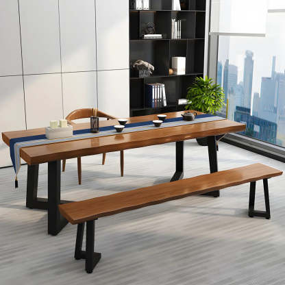 Brown Pine Wood Rectangular Iron-Sled Writing Desk