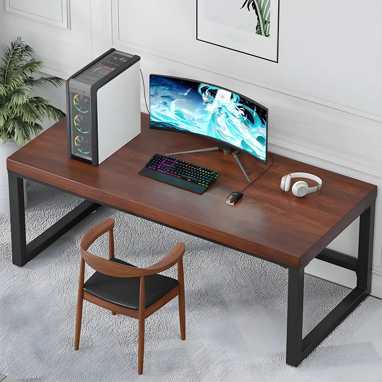 Brown Pine Wood Steel Sled Gaming Desk — Table Only