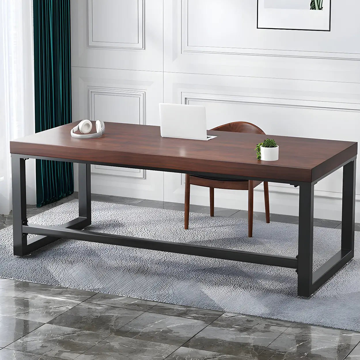 Brown Pine Wood Steel Sled Gaming Desk — Table Only
