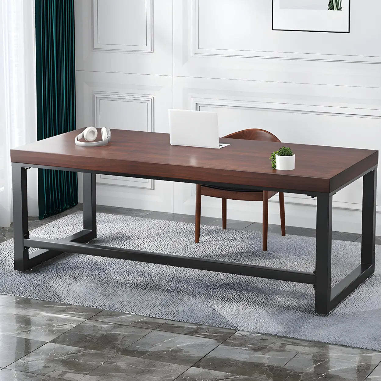 Brown Pine Wood Steel Sled Gaming Desk — Table Only