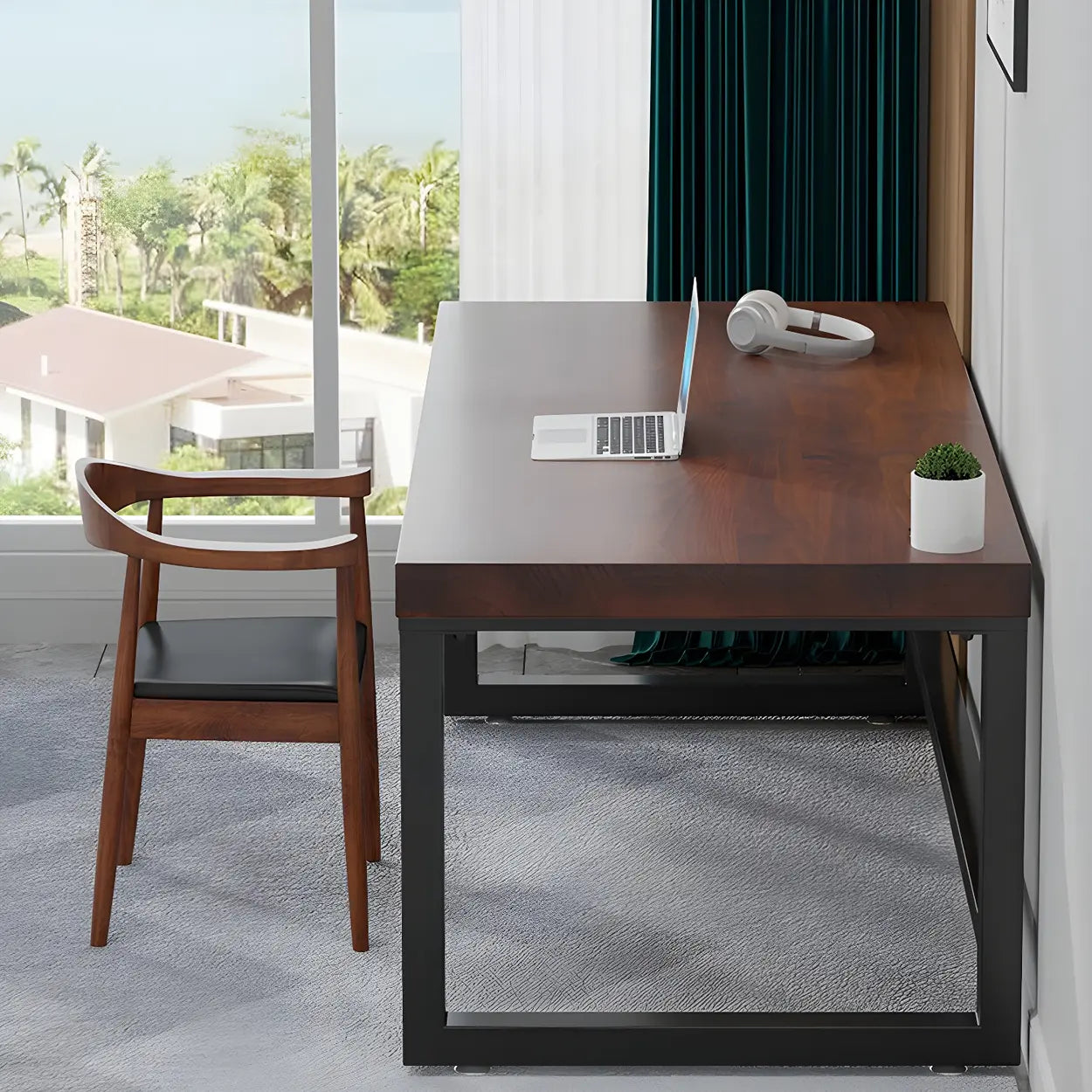 Brown Pine Wood Steel Sled Gaming Desk — Table Only