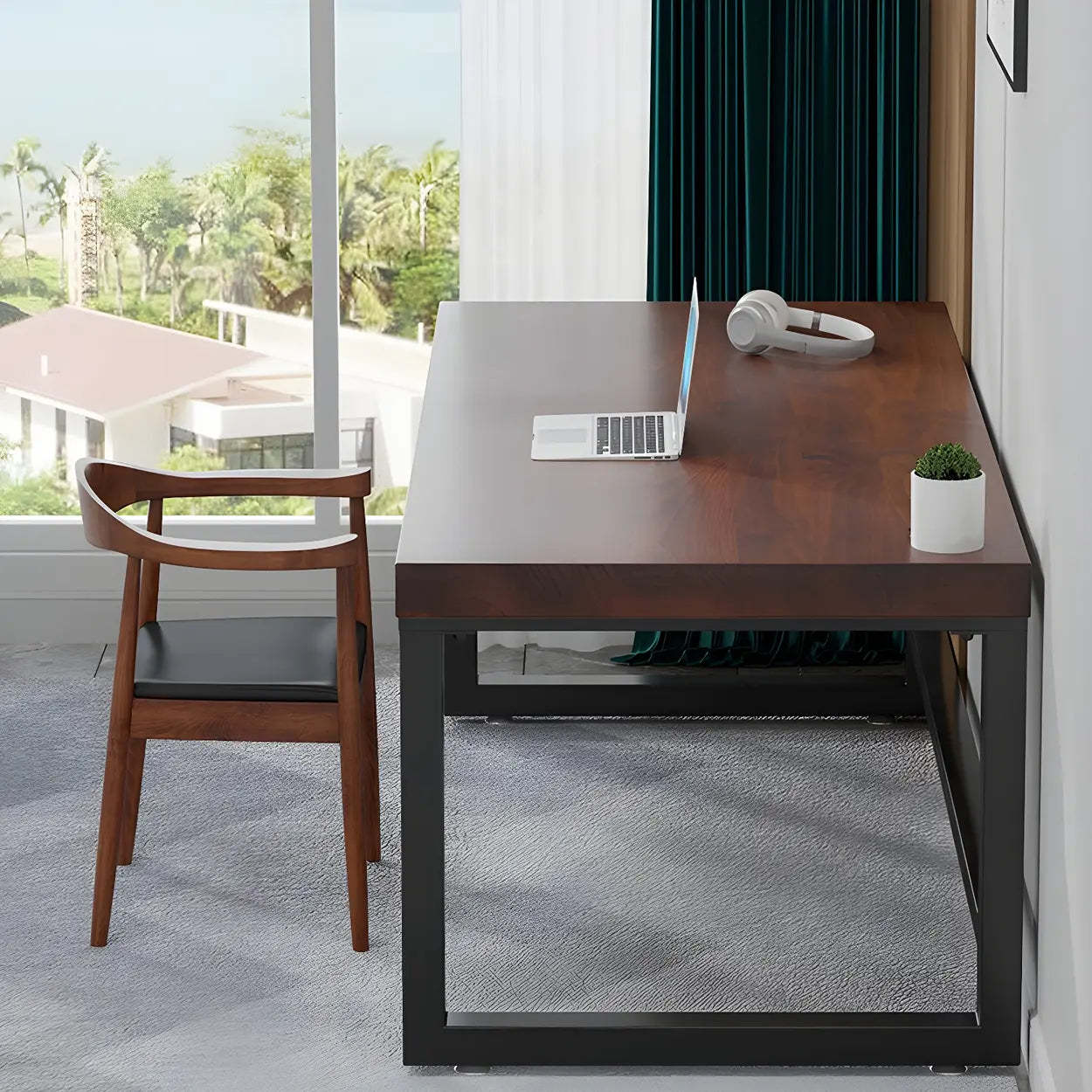 Brown Pine Wood Steel Sled Gaming Desk — Table Only