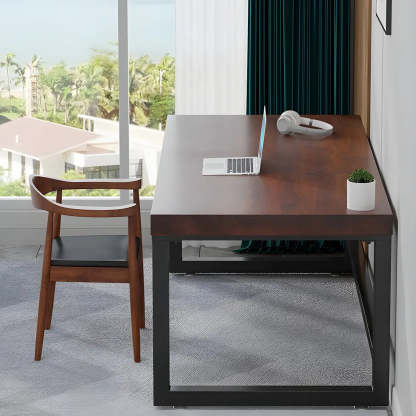 Brown Pine Wood Steel Sled Gaming Desk — Table Only