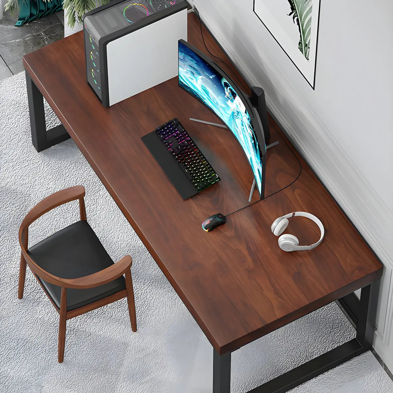 Brown Pine Wood Steel Sled Gaming Desk — Table Only