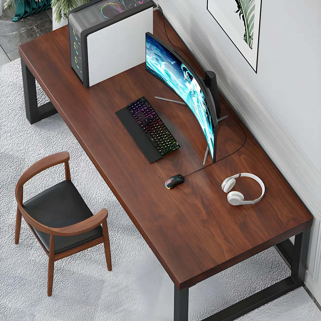 Brown Pine Wood Steel Sled Gaming Desk — Table Only