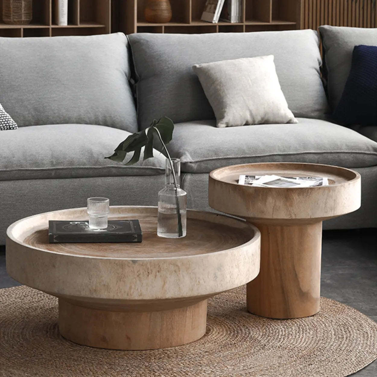Brown Pine Wood Tray Top Round Coffee Table