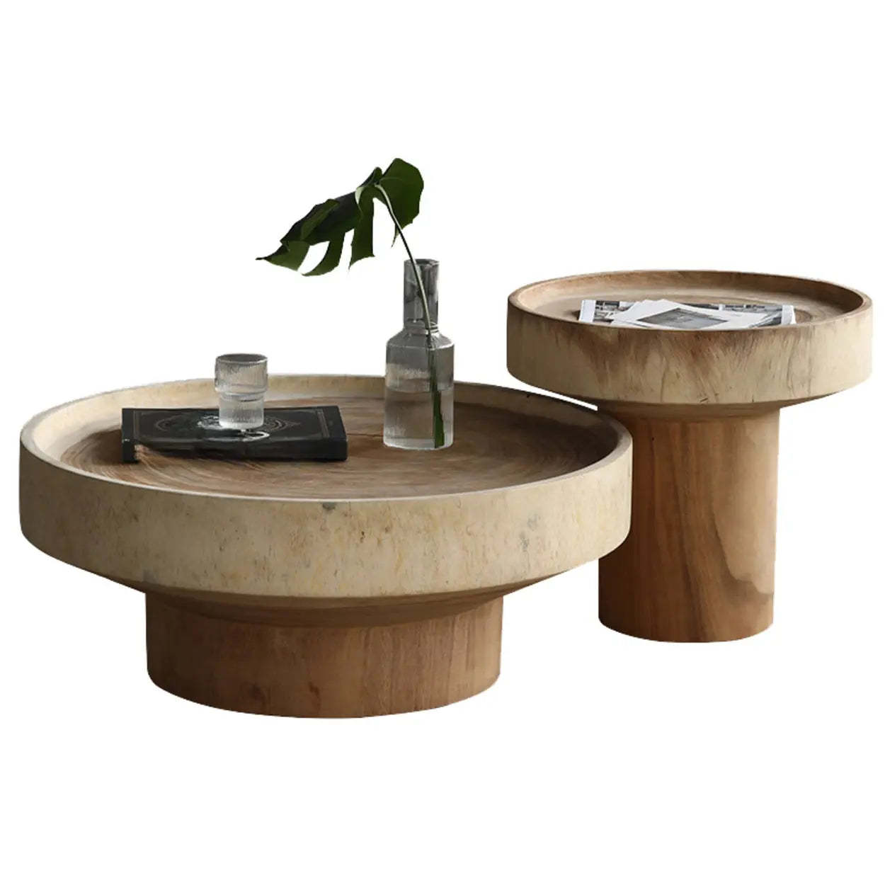 Brown Pine Wood Tray Top Round Coffee Table