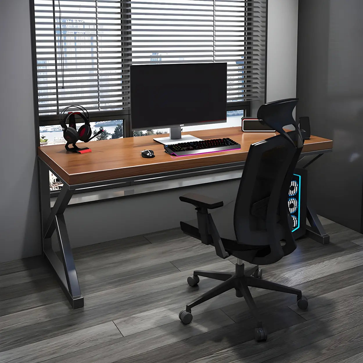 Brown Pine Wood Iron Sledge Gaming Desk