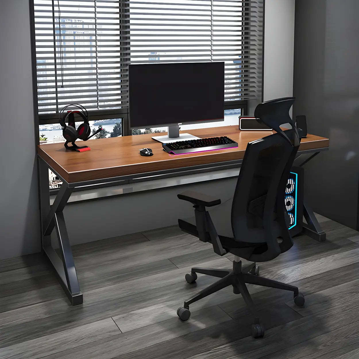 Brown Pine Wood Iron Sledge Gaming Desk — Table Only