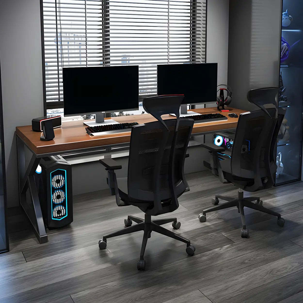 Brown Pine Wood Iron Sledge Gaming Desk