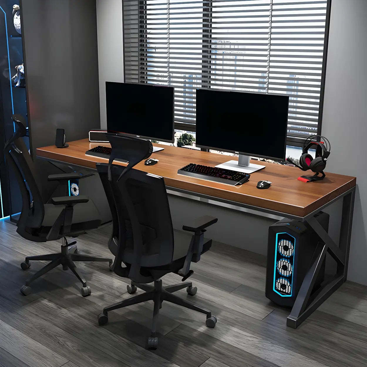 Brown Pine Wood Iron Sledge Gaming Desk