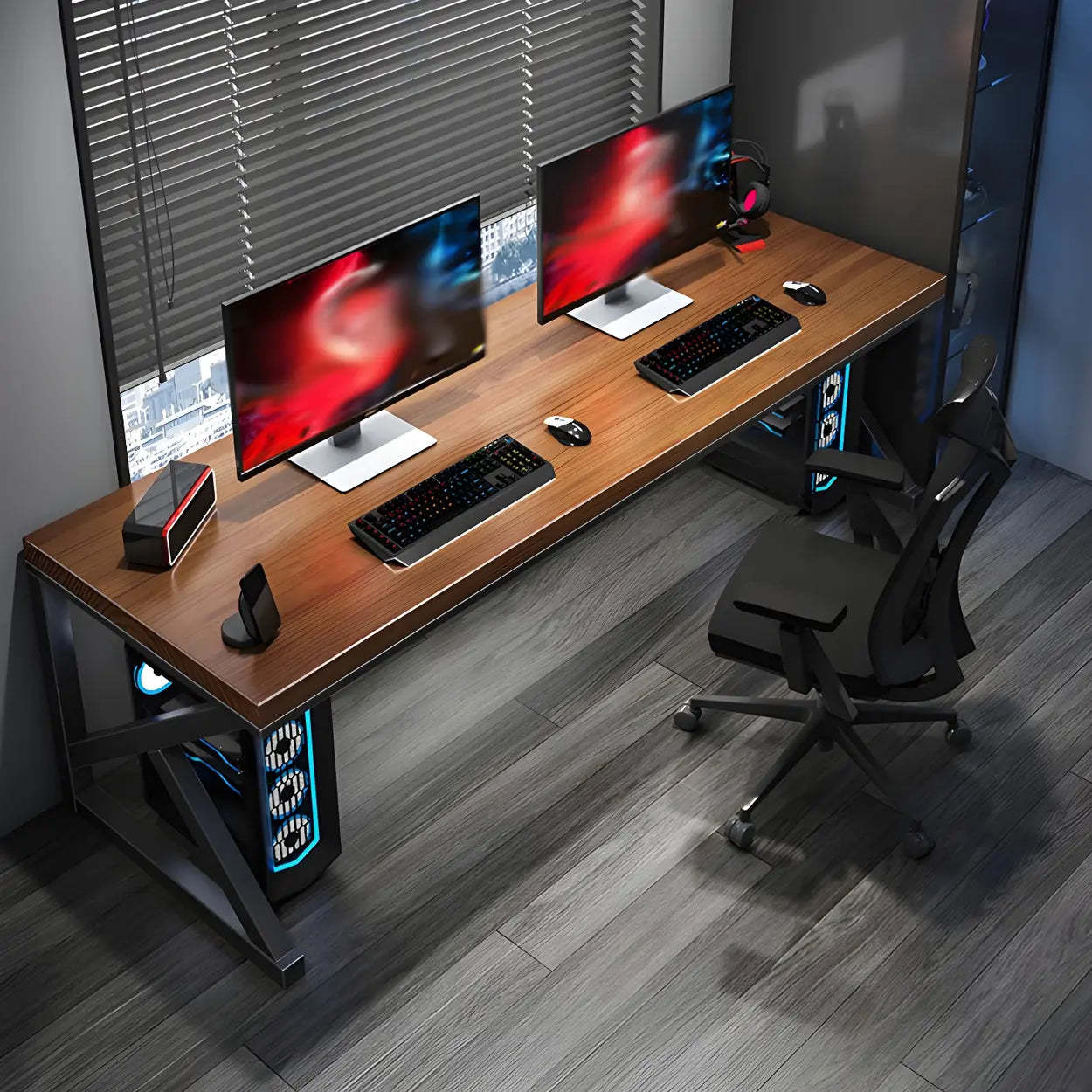 Brown Pine Wood Iron Sledge Gaming Desk