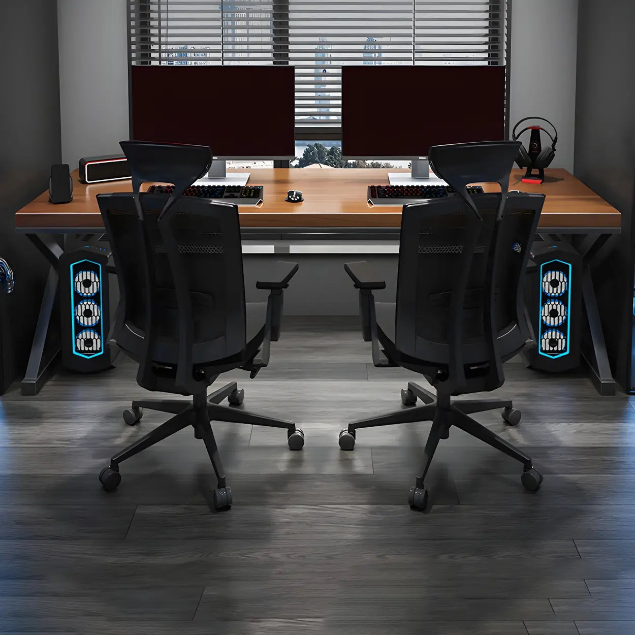 Brown Pine Wood Iron Sledge Gaming Desk — Table Only
