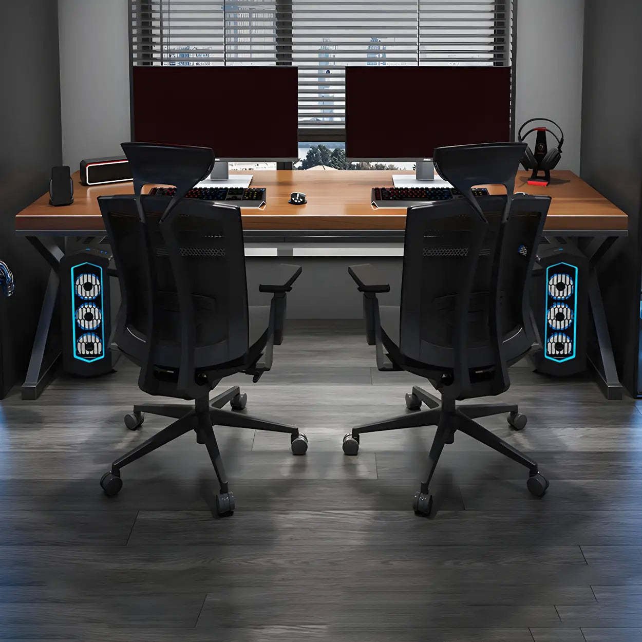 Brown Pine Wood Iron Sledge Gaming Desk — Table Only