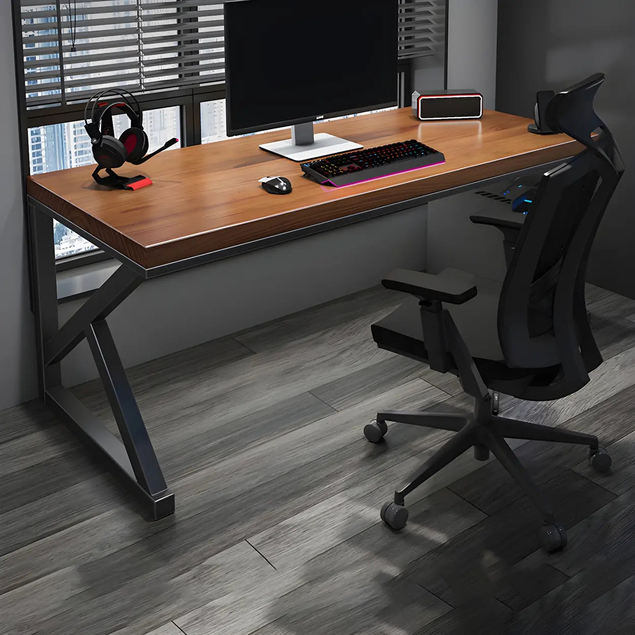 Brown Pine Wood Iron Sledge Gaming Desk — Table Only