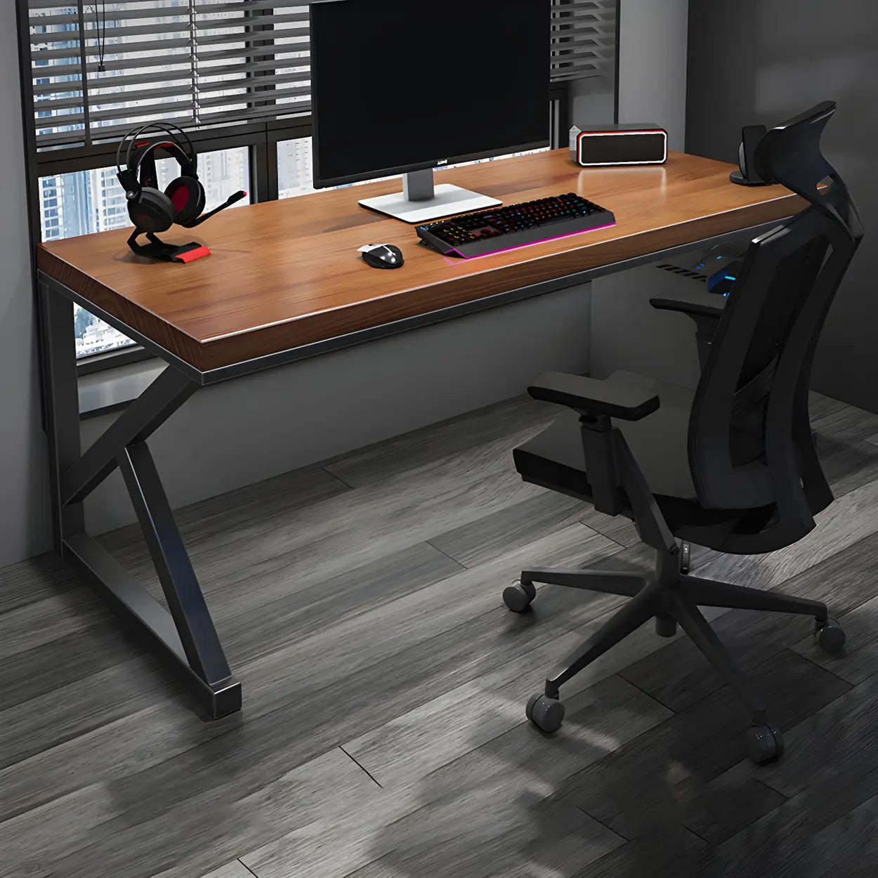 Brown Pine Wood Iron Sledge Gaming Desk — Table Only