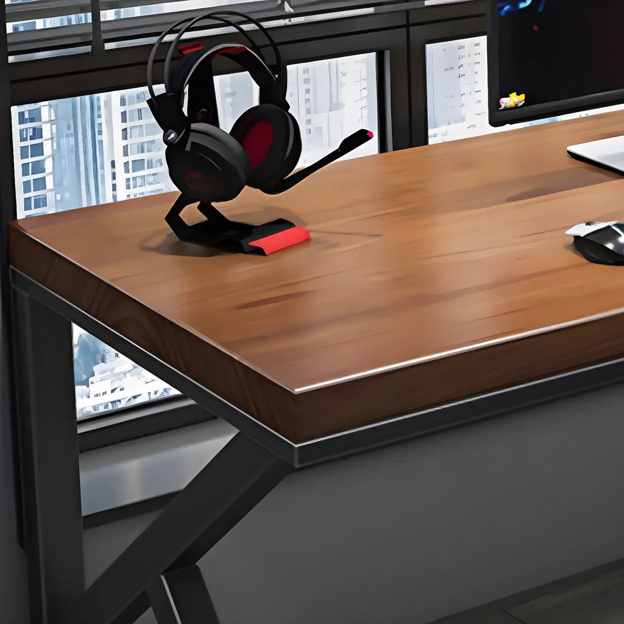 Brown Pine Wood Iron Sledge Gaming Desk — Table Only