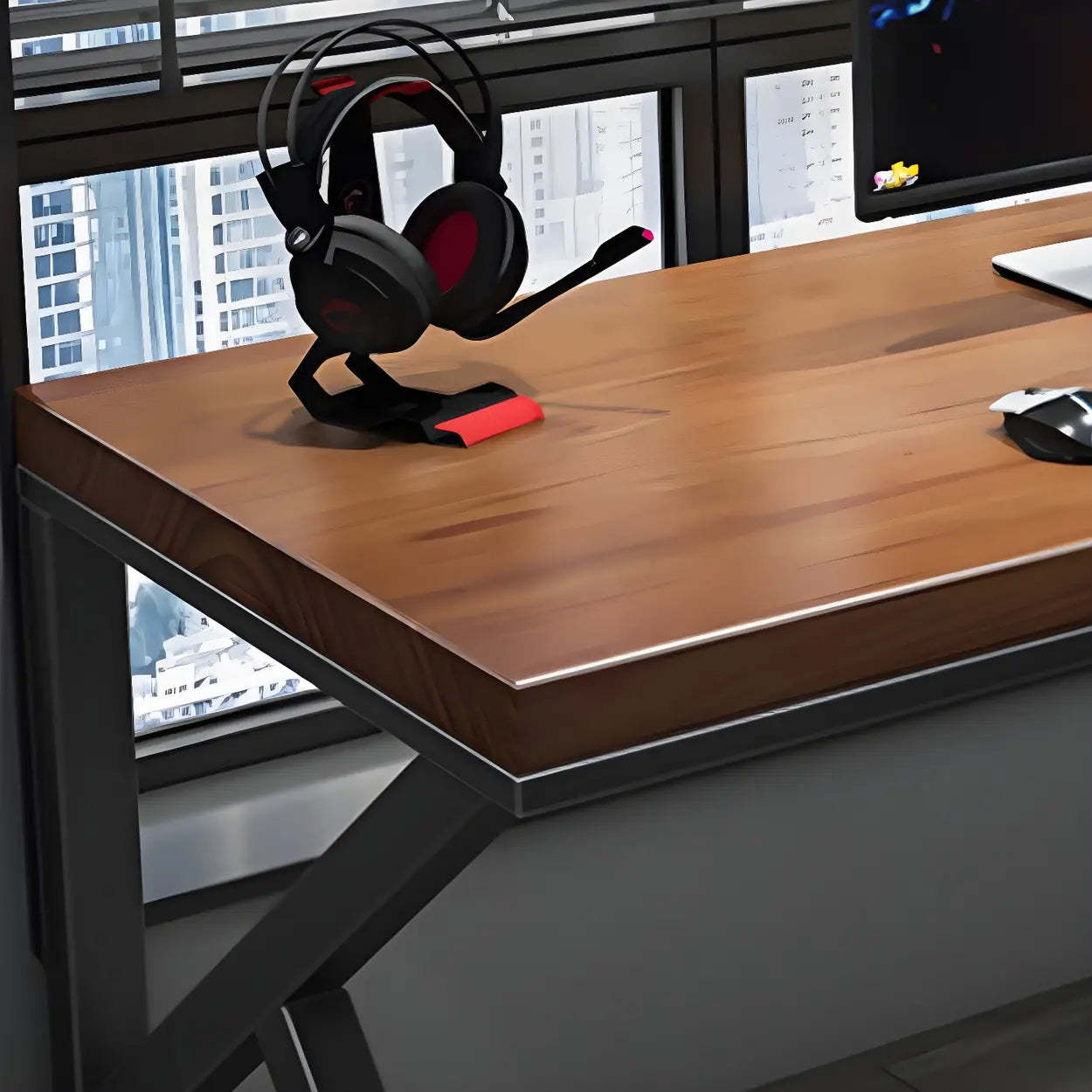 Brown Pine Wood Iron Sledge Gaming Desk — Table Only
