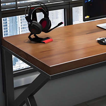 Brown Pine Wood Iron Sledge Gaming Desk — Table Only