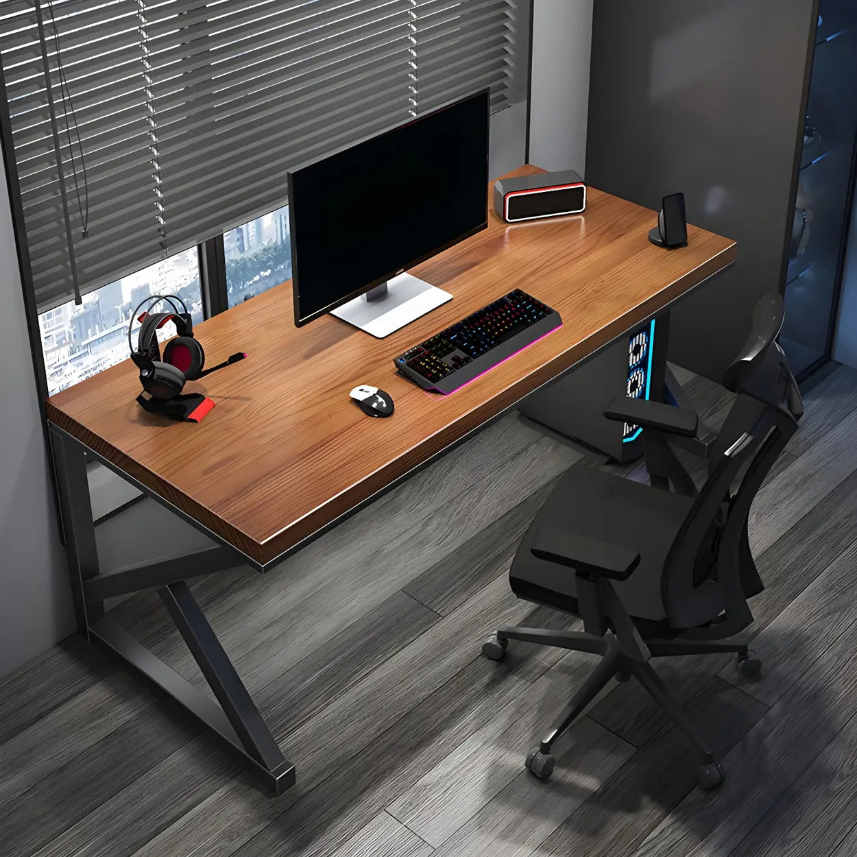 Brown Pine Wood Iron Sledge Gaming Desk