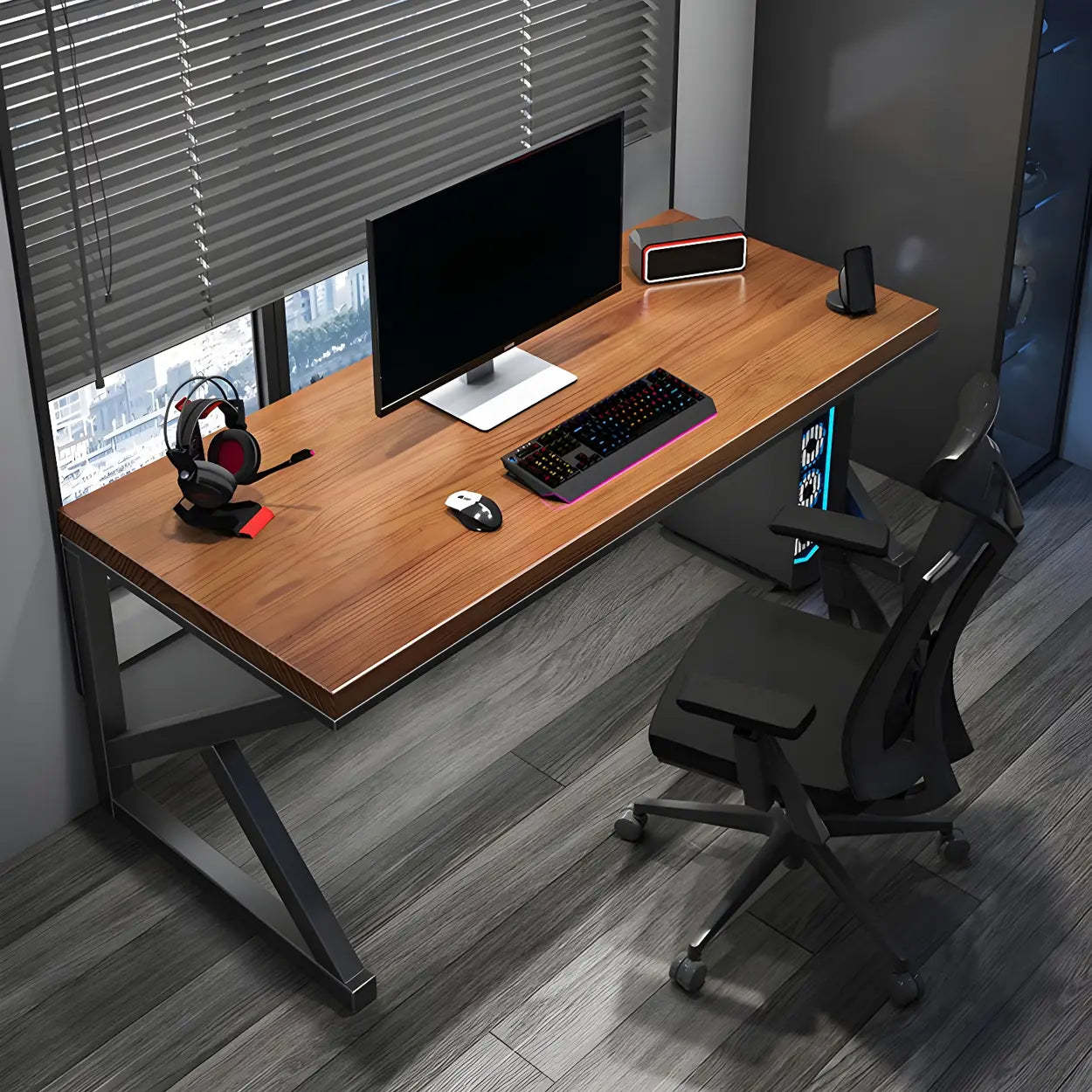 Brown Pine Wood Iron Sledge Gaming Desk