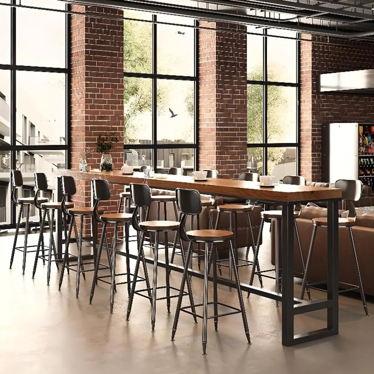 Brown Wood Large Bar Table with Metal Legs