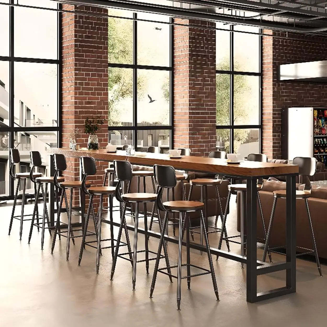 Brown Wood Large Bar Table with Metal Legs — Brown / Table Only
