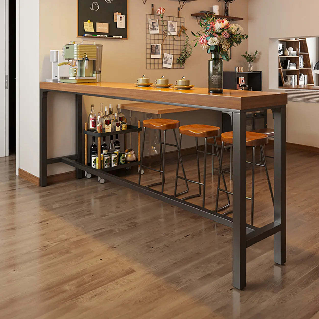 Brown Rectangular Metal Large Bar Table with Footrest — Table Only