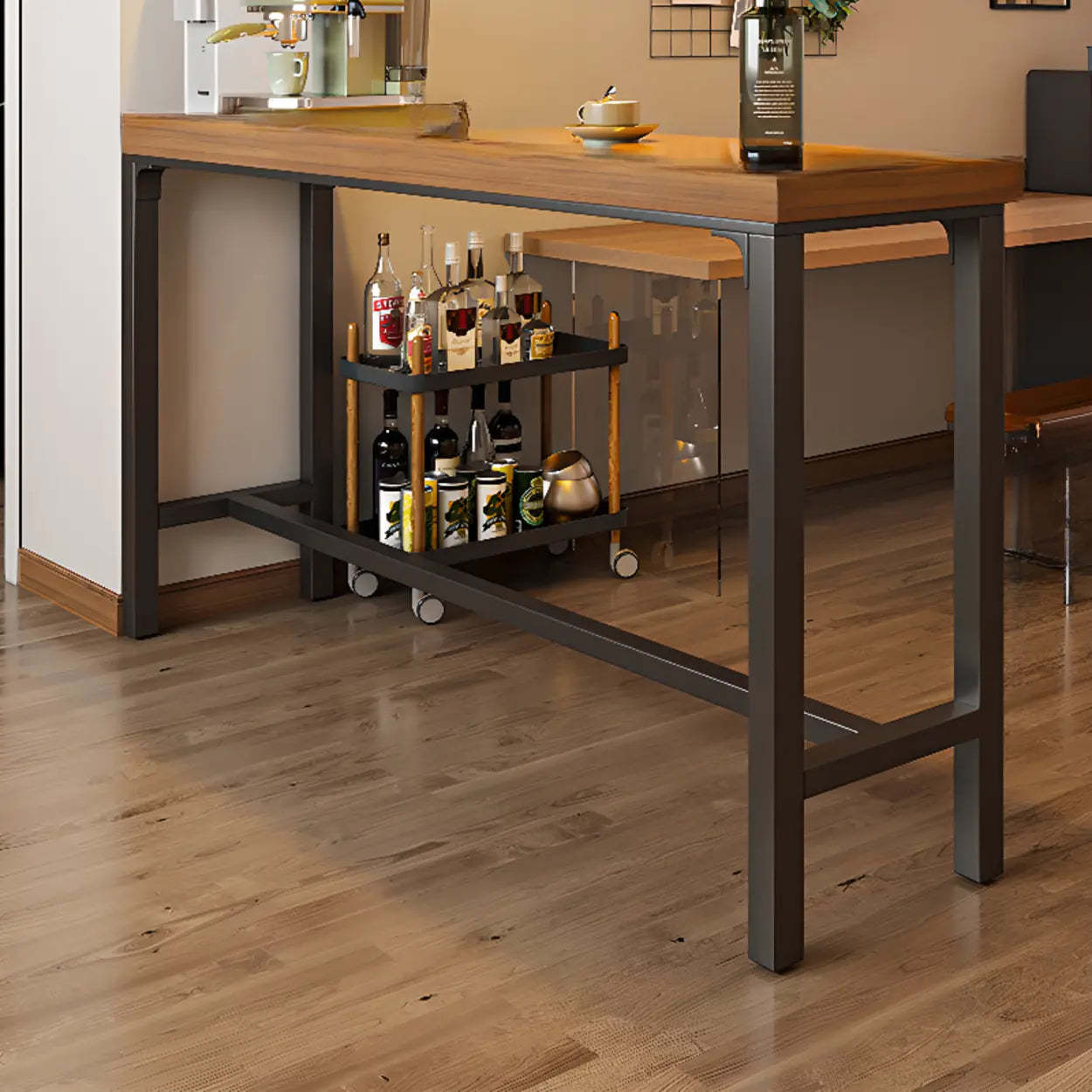 Brown Rectangular Metal Large Bar Table with Footrest — Table Only