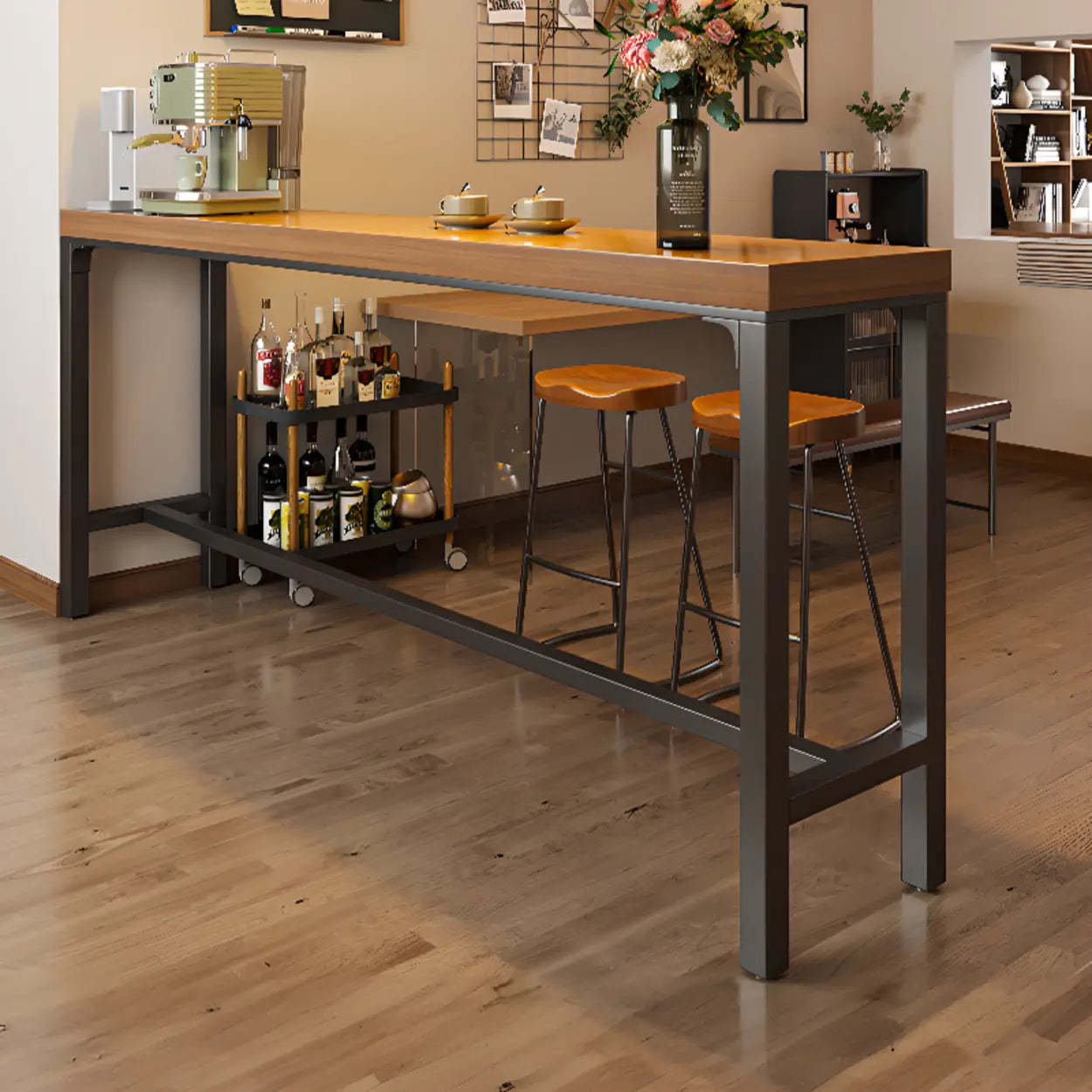 Brown Rectangular Metal Large Bar Table with Footrest — Table Only
