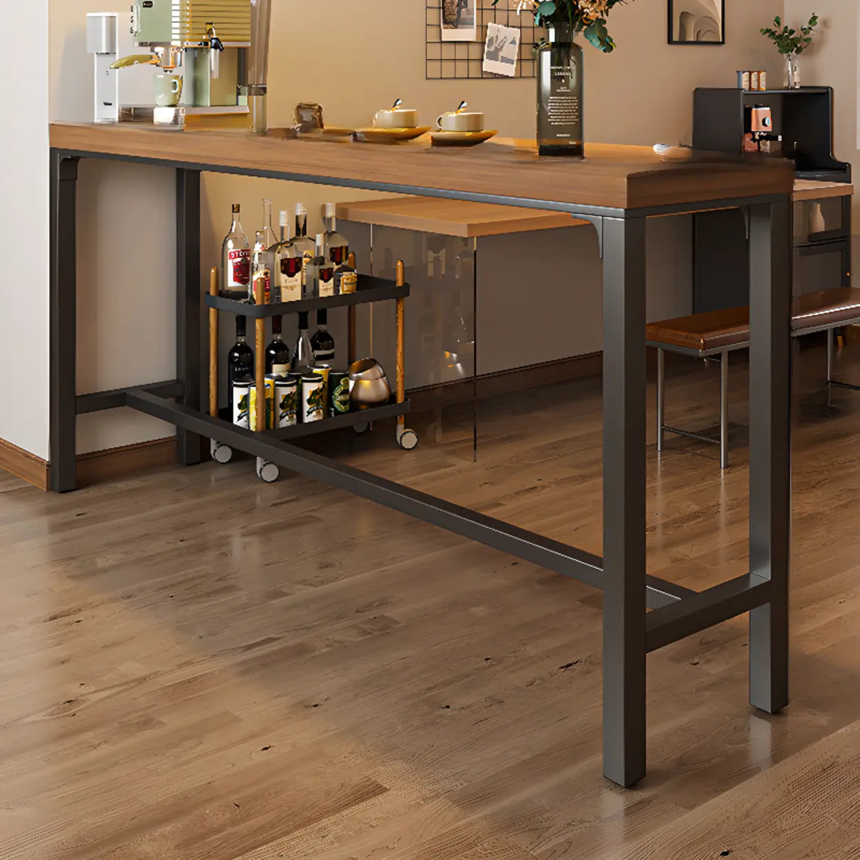 Brown Rectangular Metal Large Bar Table with Footrest — Table Only