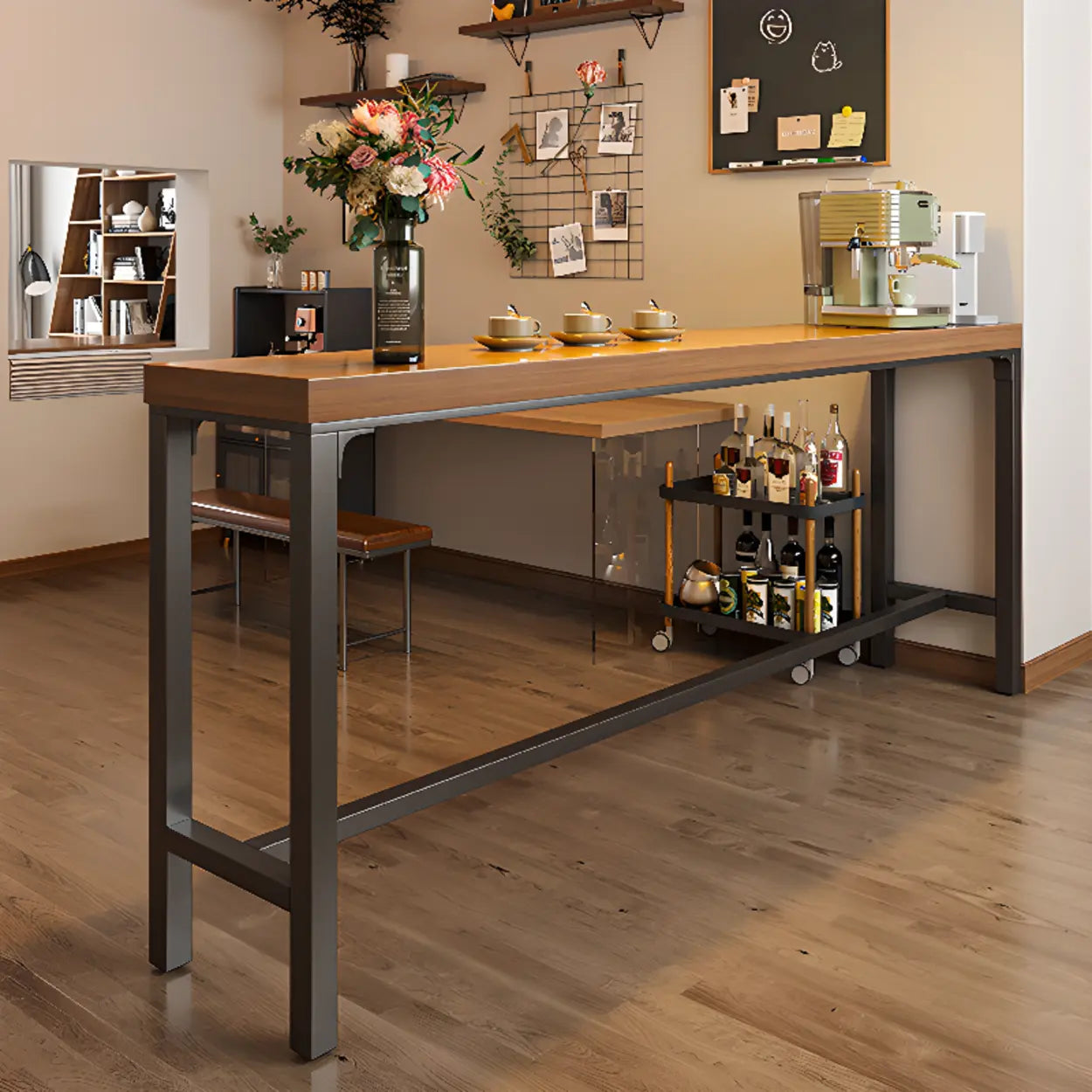 Brown Rectangular Metal Large Bar Table with Footrest