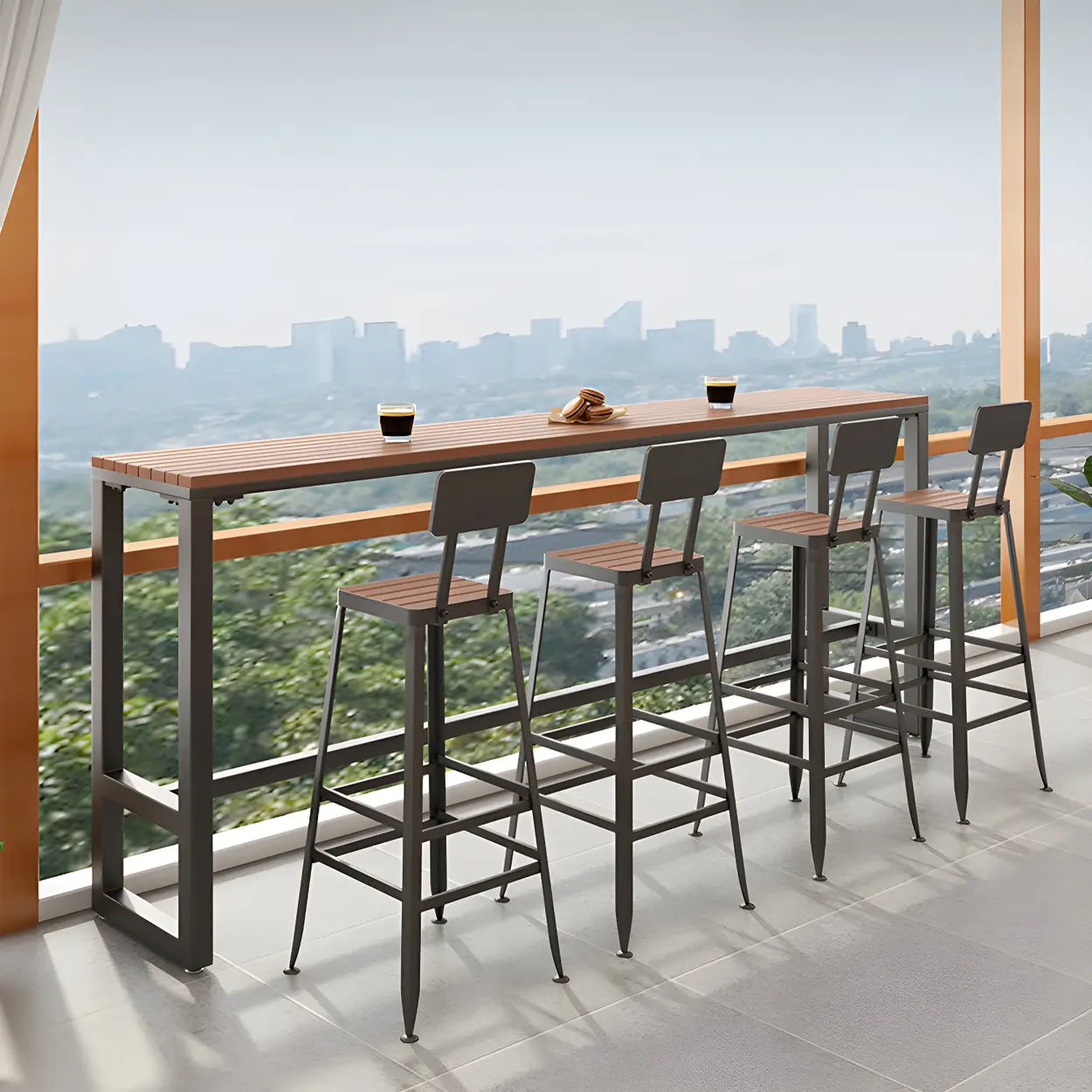 Brown modern footrest bar tables — 55.1"L x 15.7"W x 41.3"H / Black