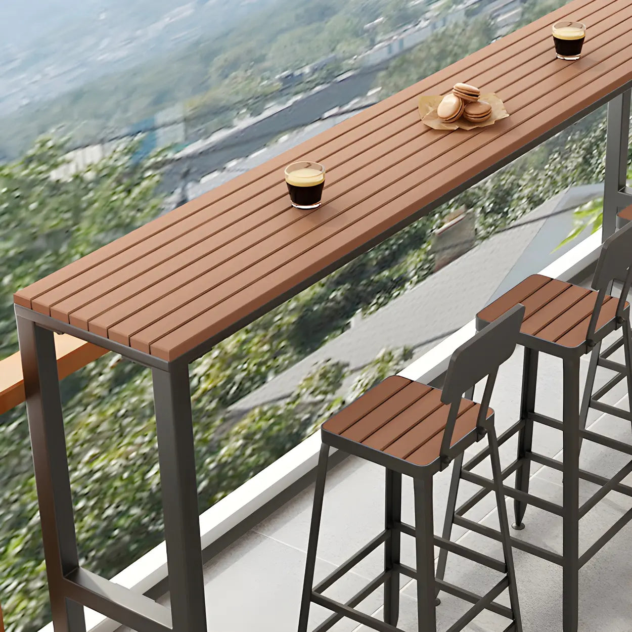 Brown modern footrest bar tables — 55.1"L x 15.7"W x 41.3"H / White