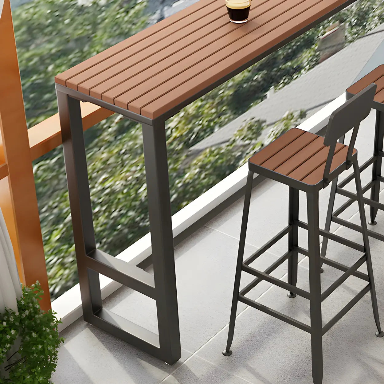 Modern footrest brown metal bar tables, Lighom — 63"L x 15.7"W x 41.3"H / White