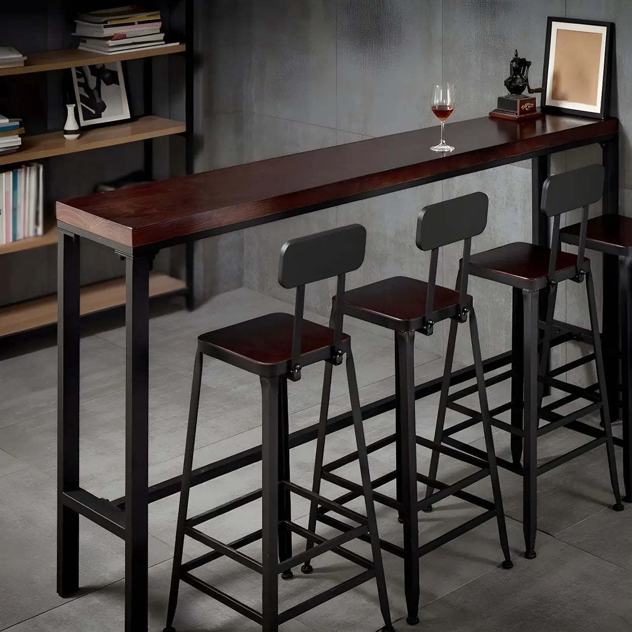 Brown Pine Wood Bar Table with Iron Legs — Table Only