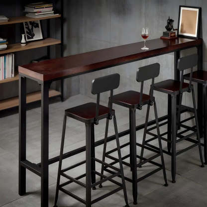 Brown Pine Wood Bar Table with Iron Legs — Table Only