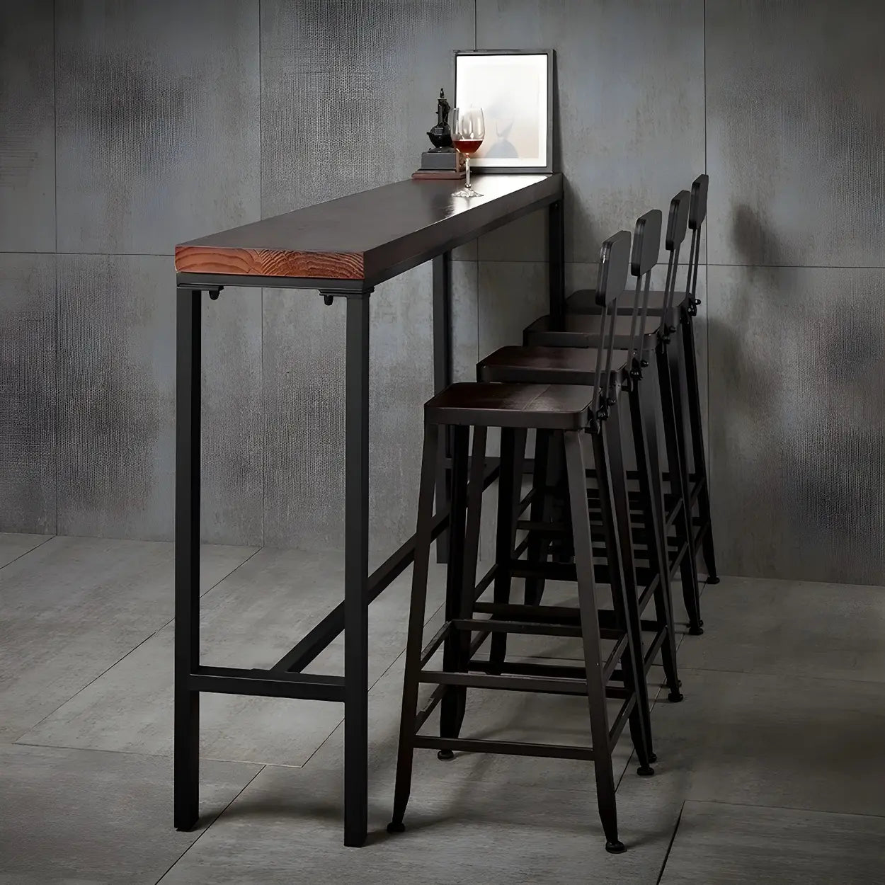 Brown Pine Wood Bar Table with Iron Legs — Table Only