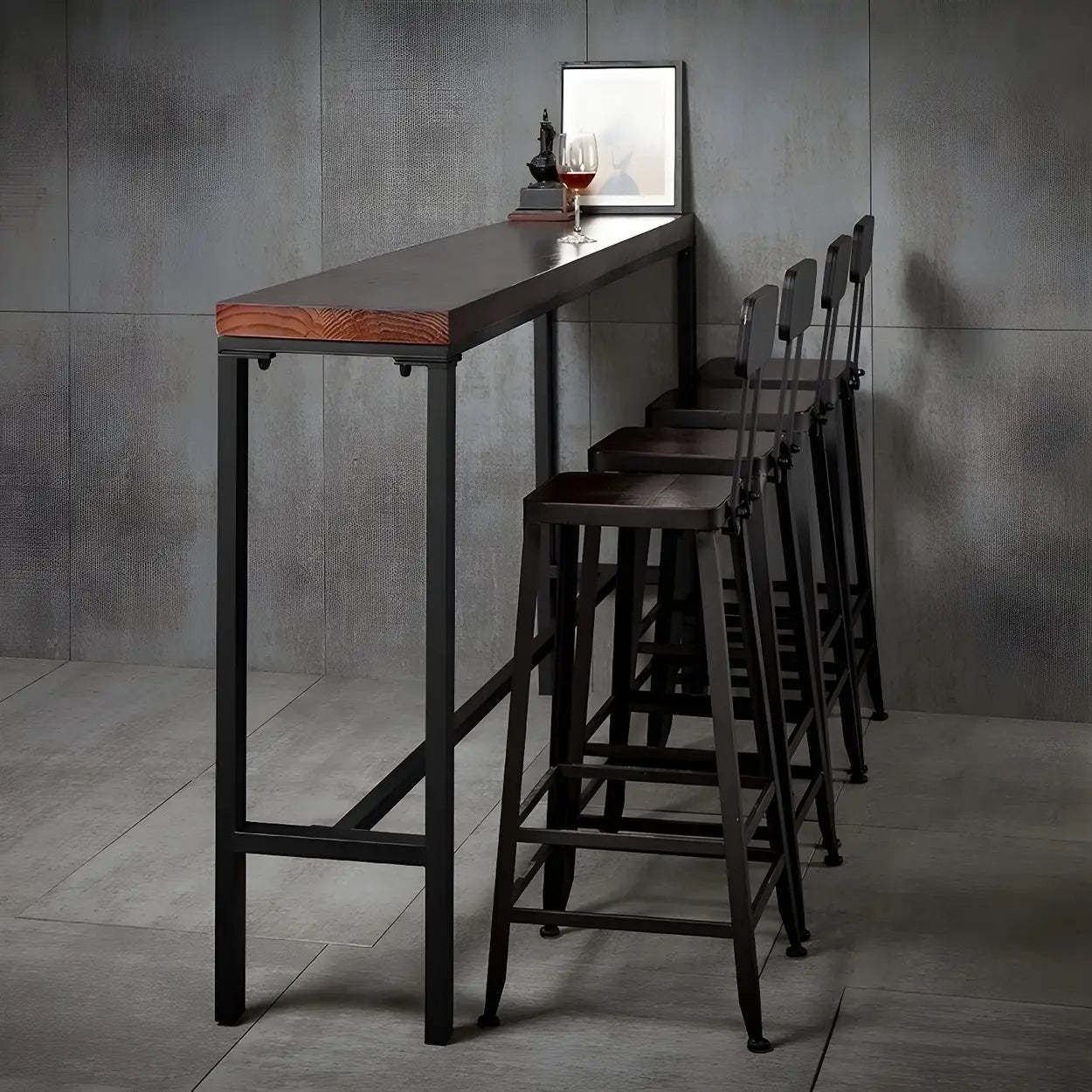 Brown Pine Wood Bar Table with Iron Legs — Table Only